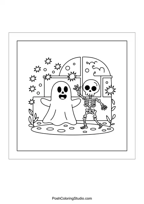 Multiple ghosts around a lamppost with stars.