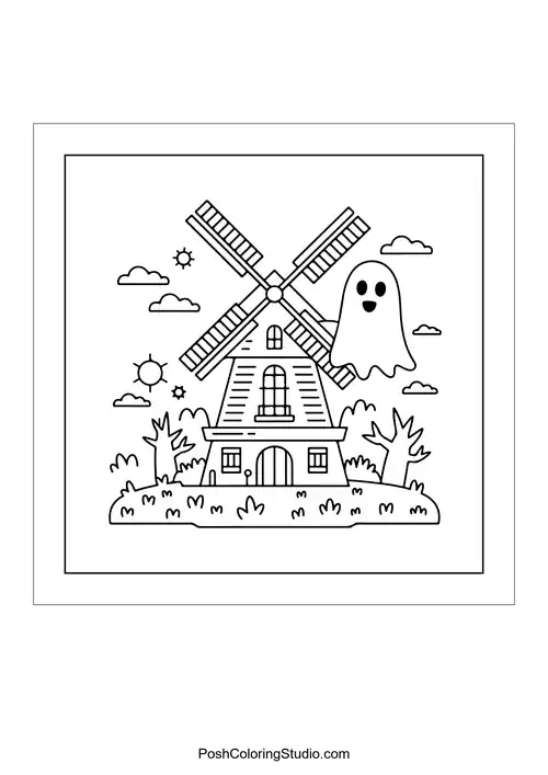 A ghost in a cauldron with bubbles and stars.