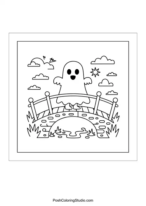 A ghost standing on a bridge over a small stream.