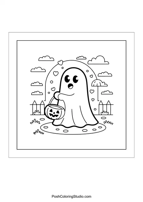 A ghost holding a pumpkin bucket on a path.