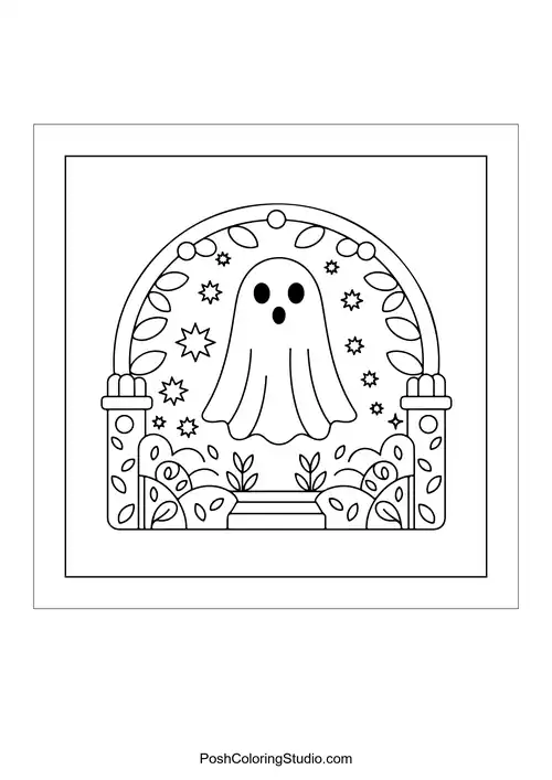 A ghost framed by an arch with decorative plants.