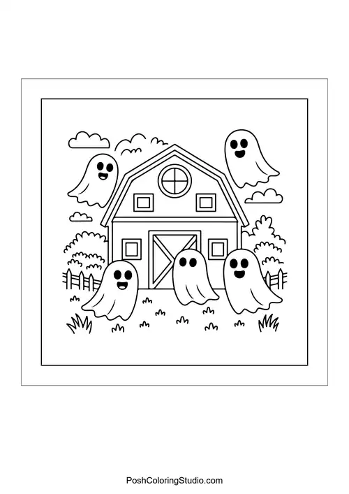 Five playful ghosts near a barn with a door.