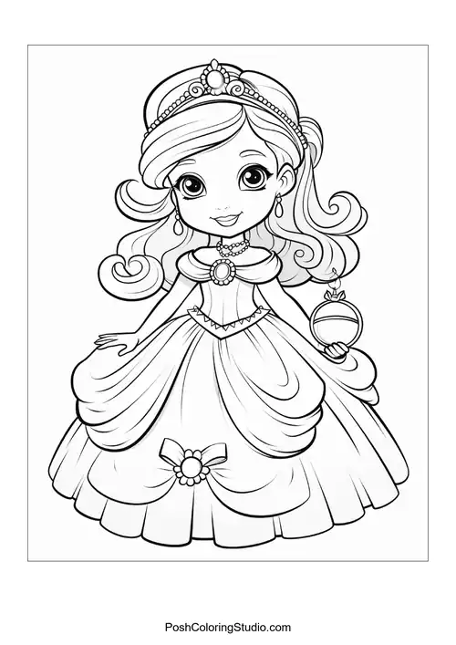 A princess with a crown and a stylish gown design.