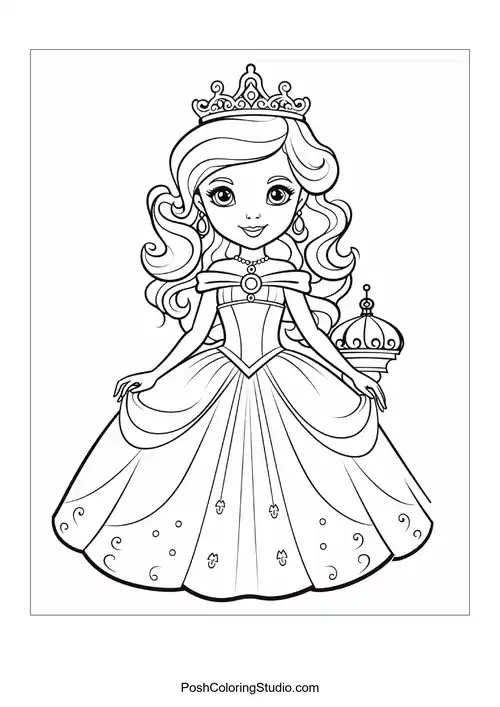 A princess wearing a gown with a cute handbag.