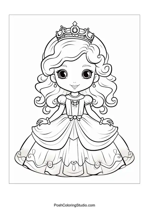 A princess with a crown and a detailed gown design.