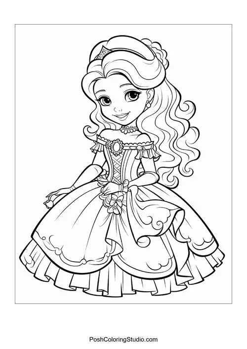 A princess in a gown with a flowing train and tiara.