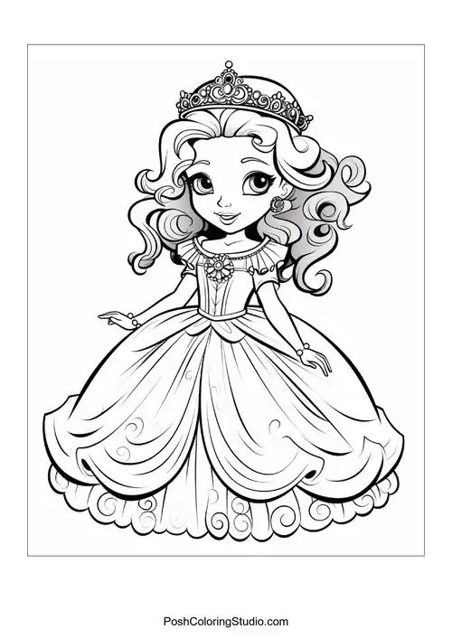 A princess with a crown and a dress featuring swan motifs.