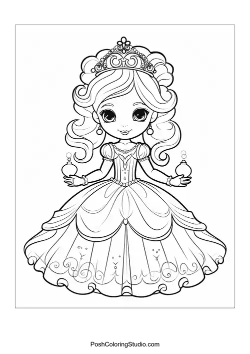 A princess holding two potion bottles in a grand gown.