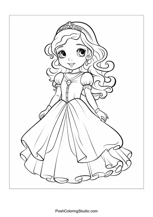A princess in a gown with a layered skirt and tiara.