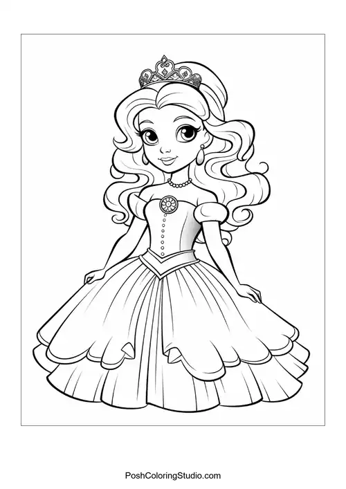A princess with a bouquet and a detailed gown design.
