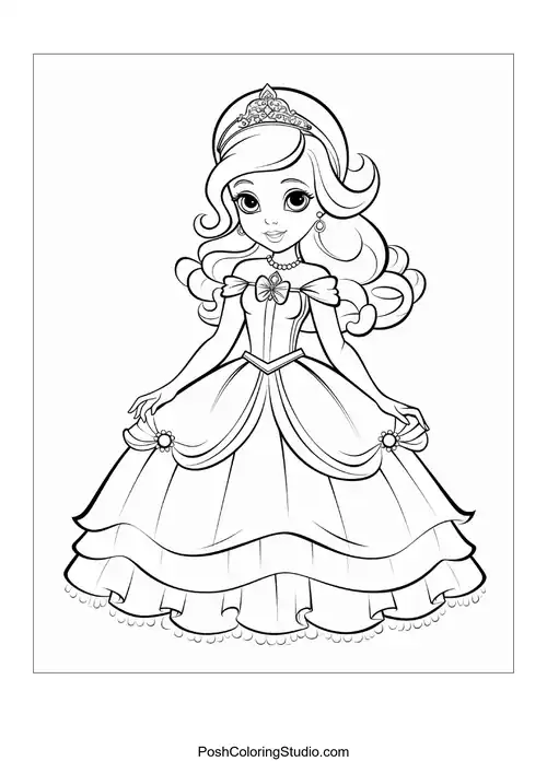 A princess in a gown with a unique collar and tiara.