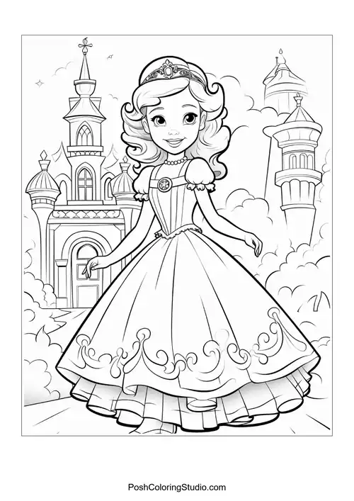 A princess stands in front of a castle with a flowing dress.