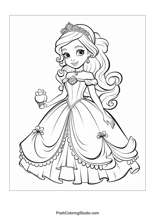 A princess with a crown and a dress featuring floral motifs.