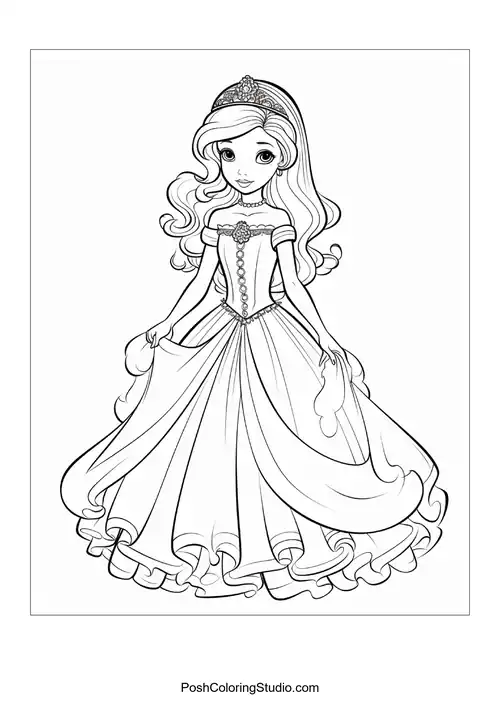 A princess in a gown with a layered skirt and tiara.