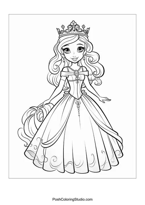 A princess in a gown with a flowing skirt and crown.