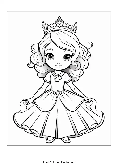 A princess with a crown and a stylish gown design.