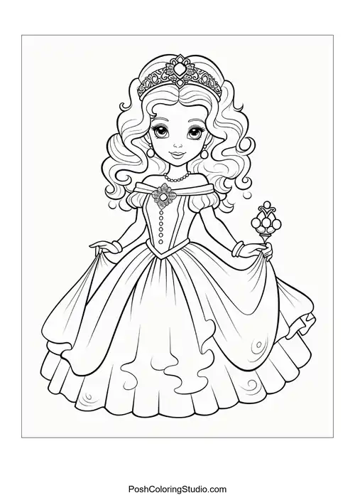 A princess in a gown with a unique collar and tiara.