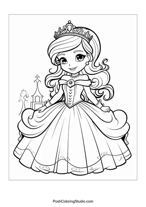 A princess in a gown with a layered skirt and tiara.