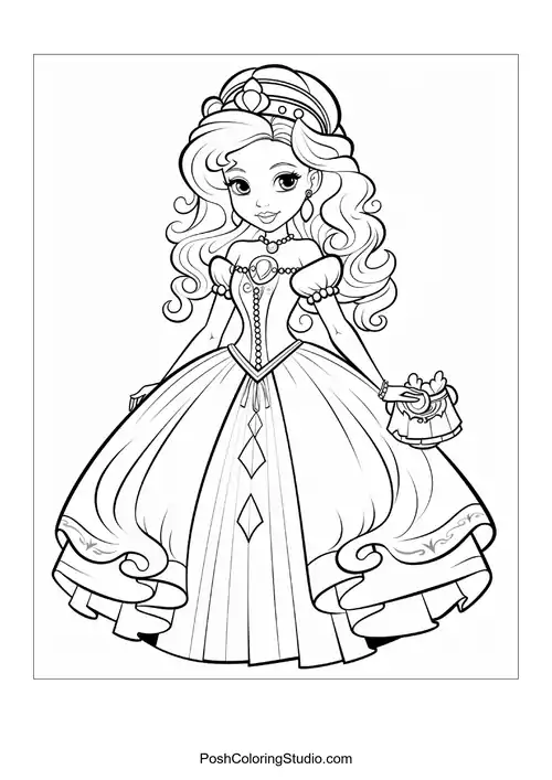 A princess in a gown with a flowing skirt and crown.