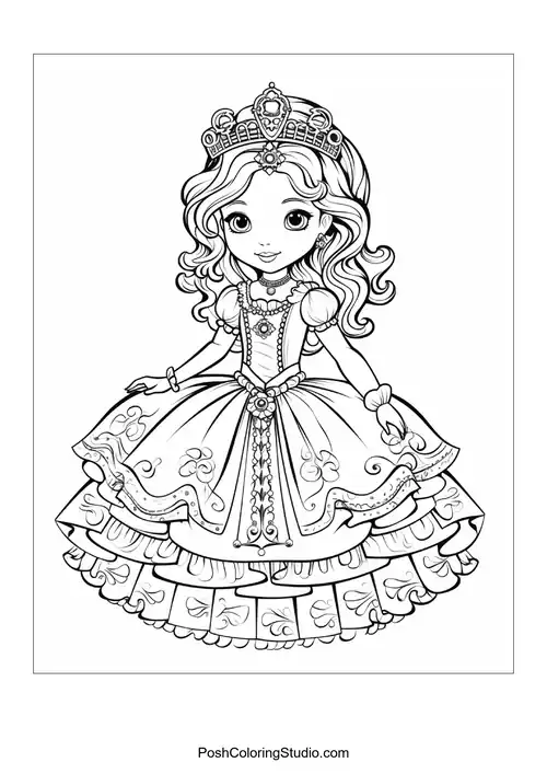 A princess with a crown and a stylish gown design.