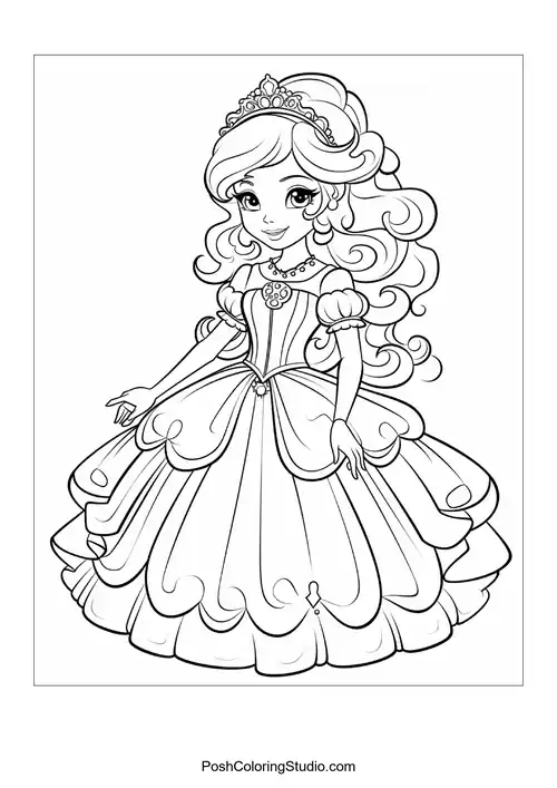 A princess in a gown with a unique collar and tiara.