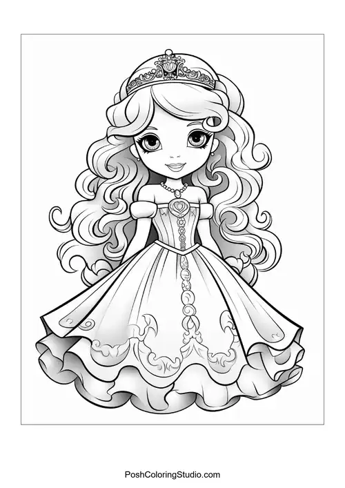 A princess in a detailed gown with a heart-shaped pendant.