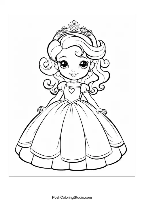 A cute princess in a gown with a heart-shaped design.