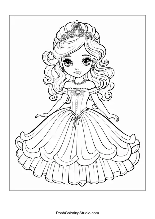 A princess with a tiara and a layered dress design.