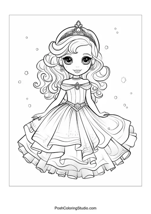 A princess wearing a gown adorned with stars and a tiara.