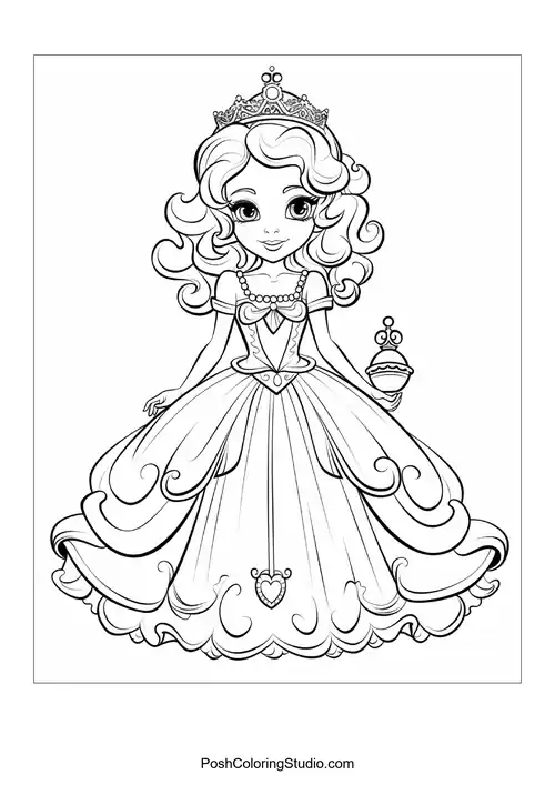 A princess holding a cupcake in a beautifully designed gown.