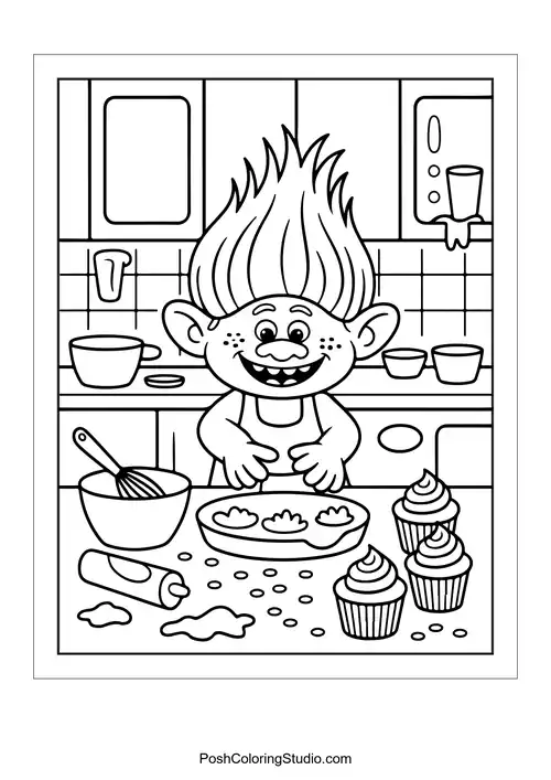 A troll baking cookies with cupcakes on the table.