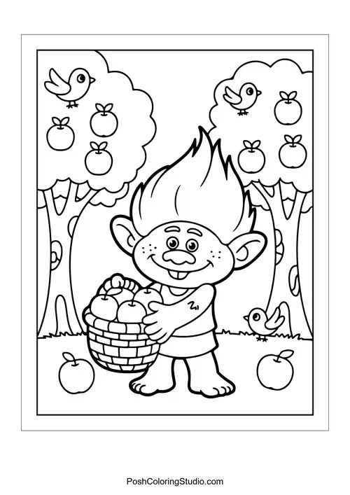 A troll picking apples from a basket in a garden.