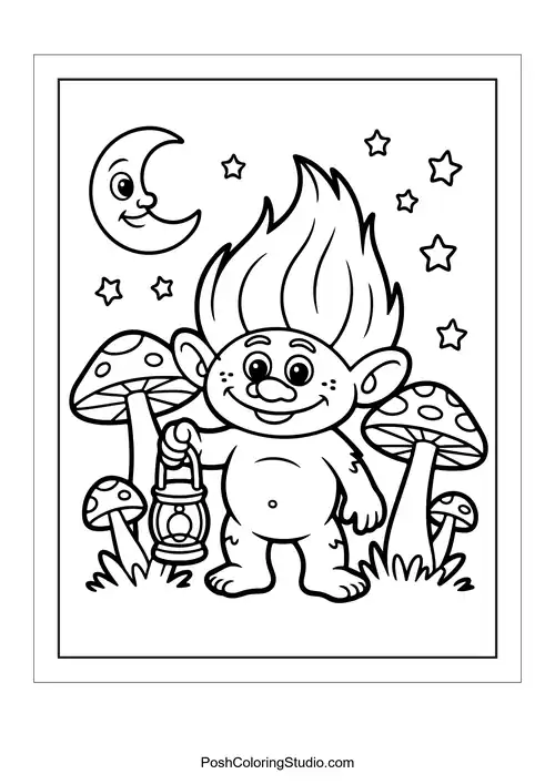 A troll holding a lantern under a starry sky.