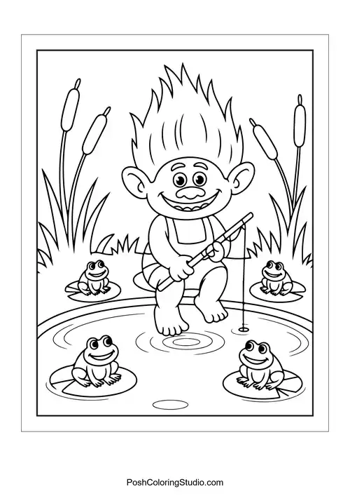 A troll fishing by a pond surrounded by frogs.