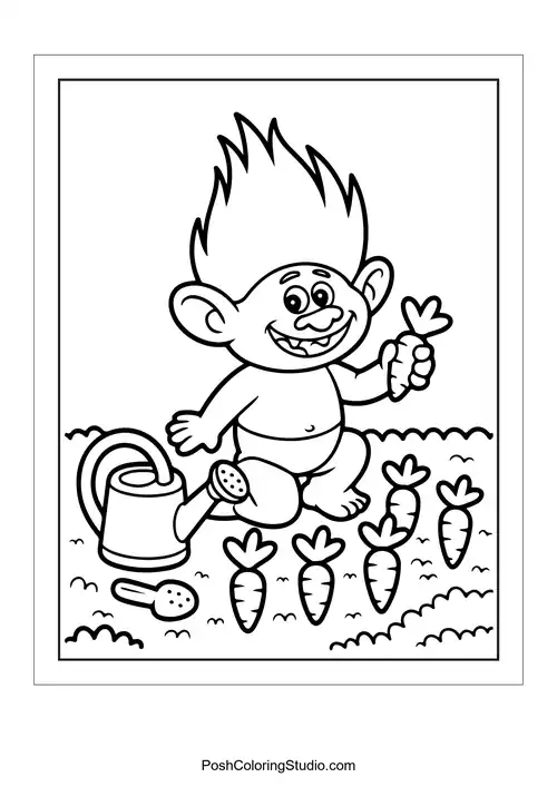 A troll watering carrots in a garden.