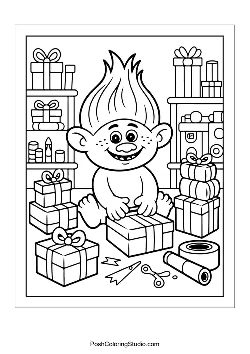 A troll surrounded by wrapped gifts and decorations.