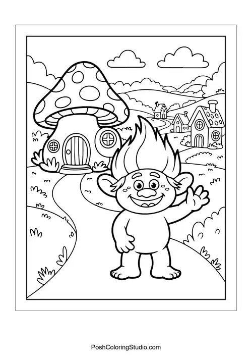 A troll waving in front of a cozy mushroom house.