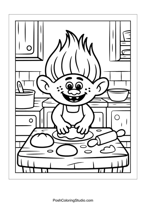 A troll baking on a kitchen table with dough.