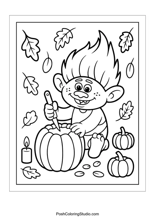 A troll carving a pumpkin with seeds around.