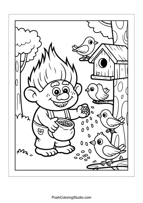 A troll feeding birds from a bag of seeds.
