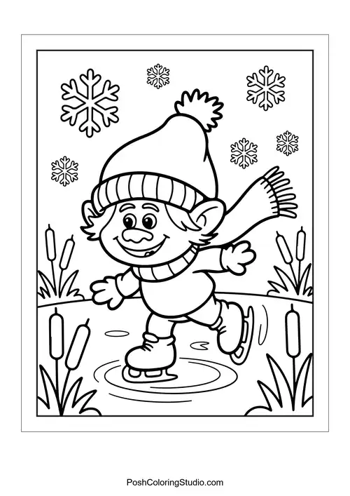 A troll ice skating on a frozen pond with snowflakes.