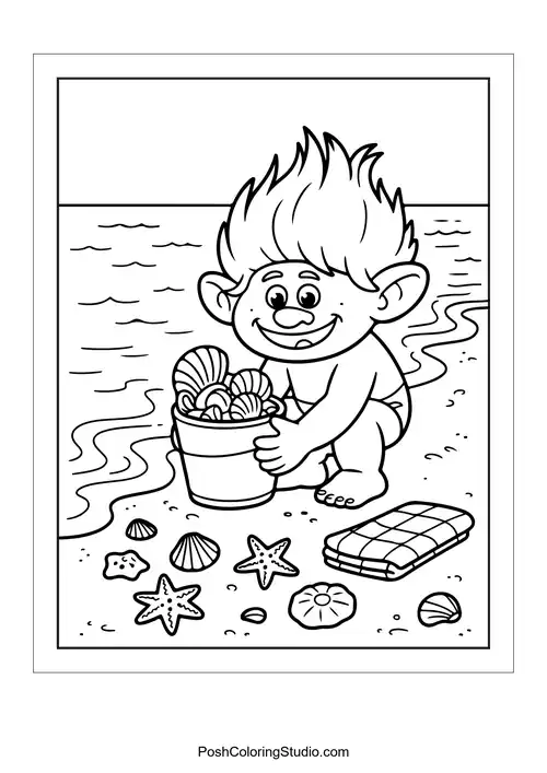 A troll collecting seashells on the beach.