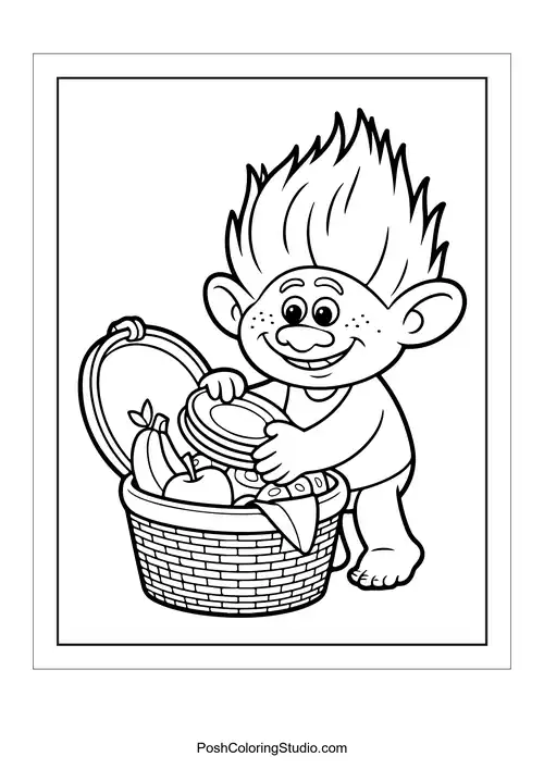 A troll unpacking a picnic basket filled with food.