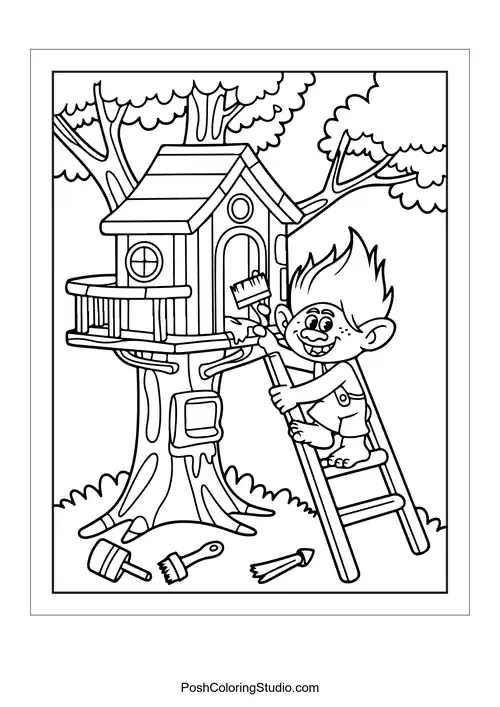 A troll painting a treehouse with a paintbrush.