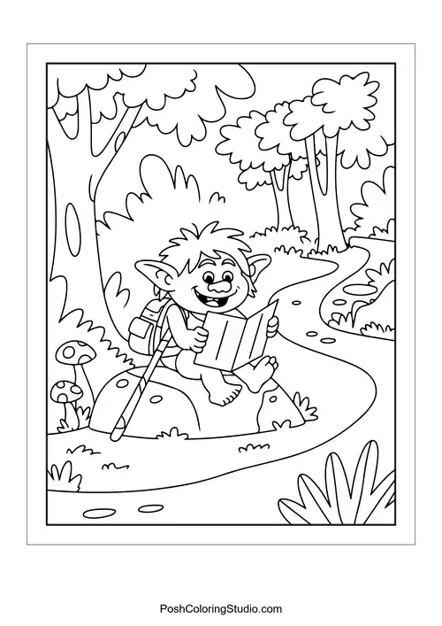 A troll reading a map while hiking in the woods.