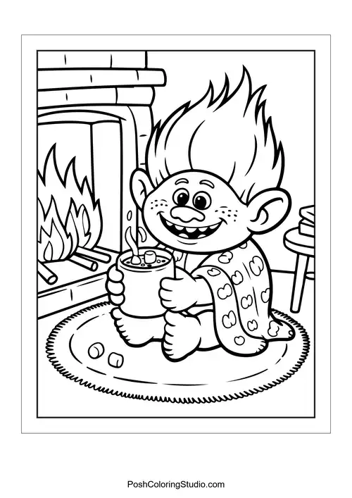 A troll sipping hot cocoa by a fireplace.