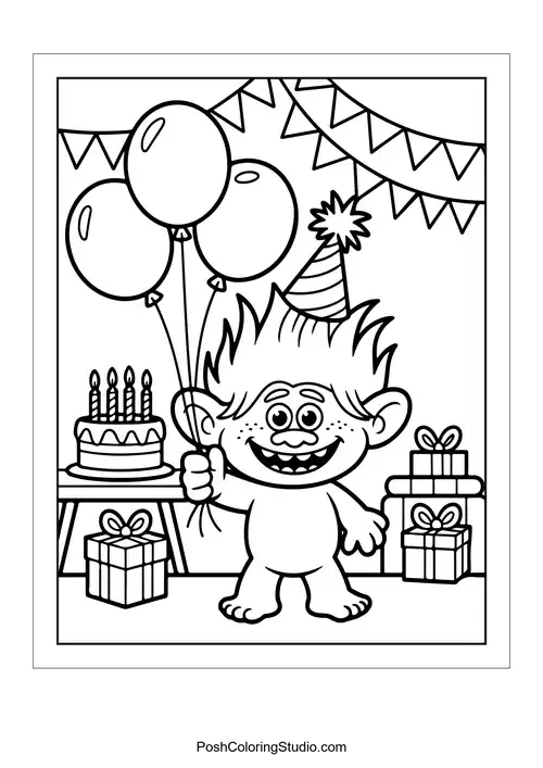 A troll celebrating a birthday with balloons and cake.