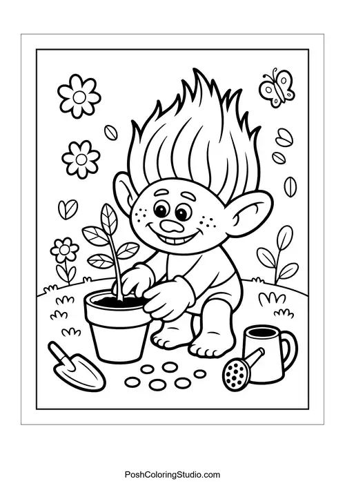 A troll planting a seedling in a pot.