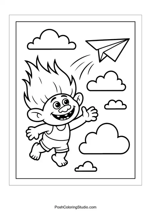 A troll flying a paper airplane among fluffy clouds.