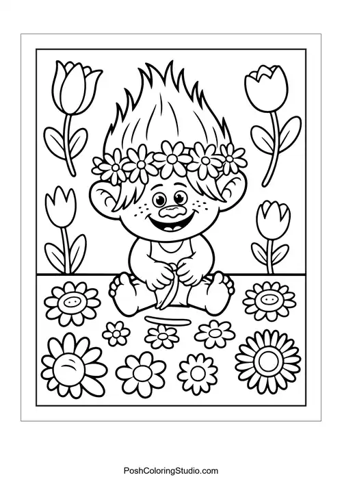 A troll surrounded by flowers and butterflies.